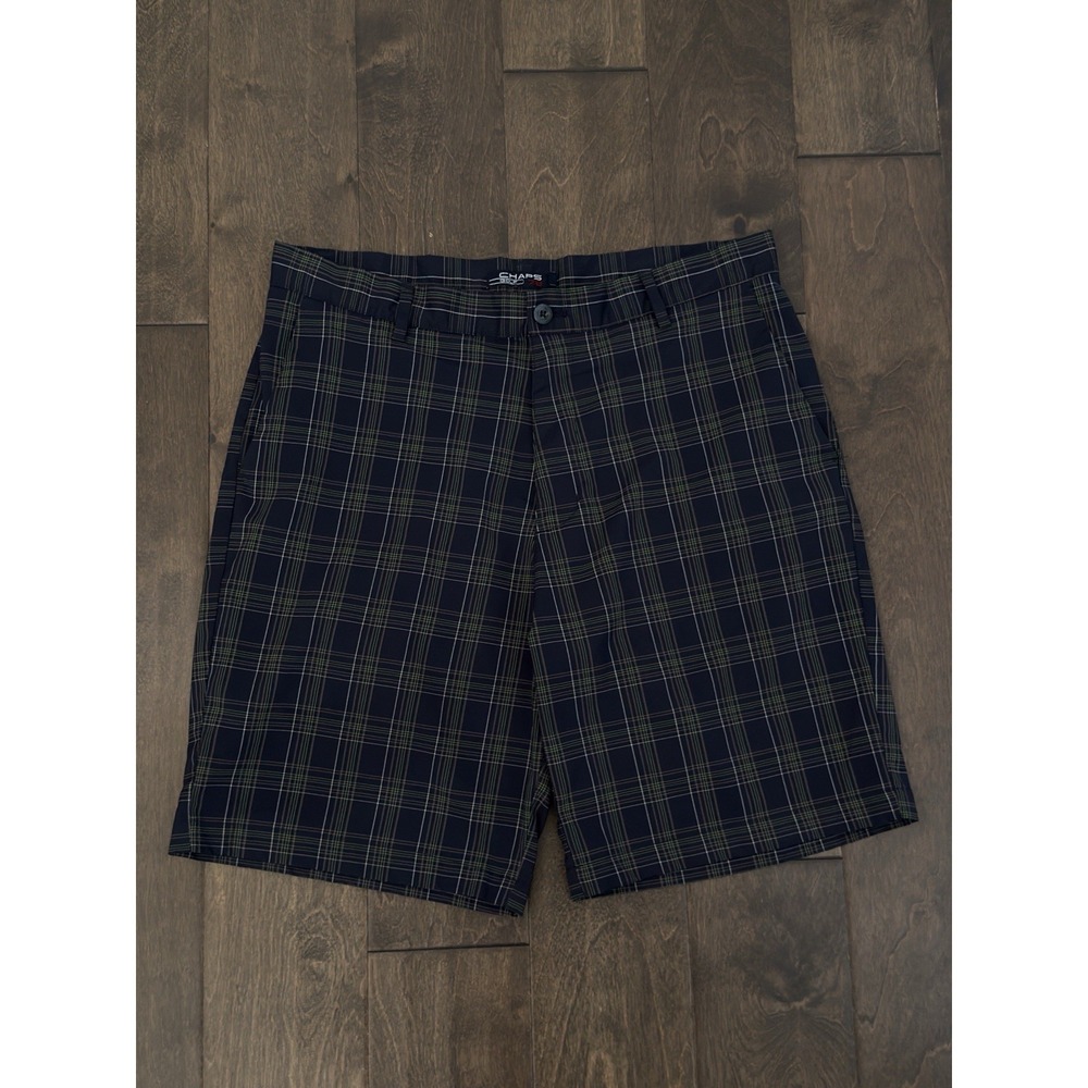 Chaps Golf 78 Men's Flat Front 9" Inseam Stretch Navy Blue Plaid Shorts Size 34